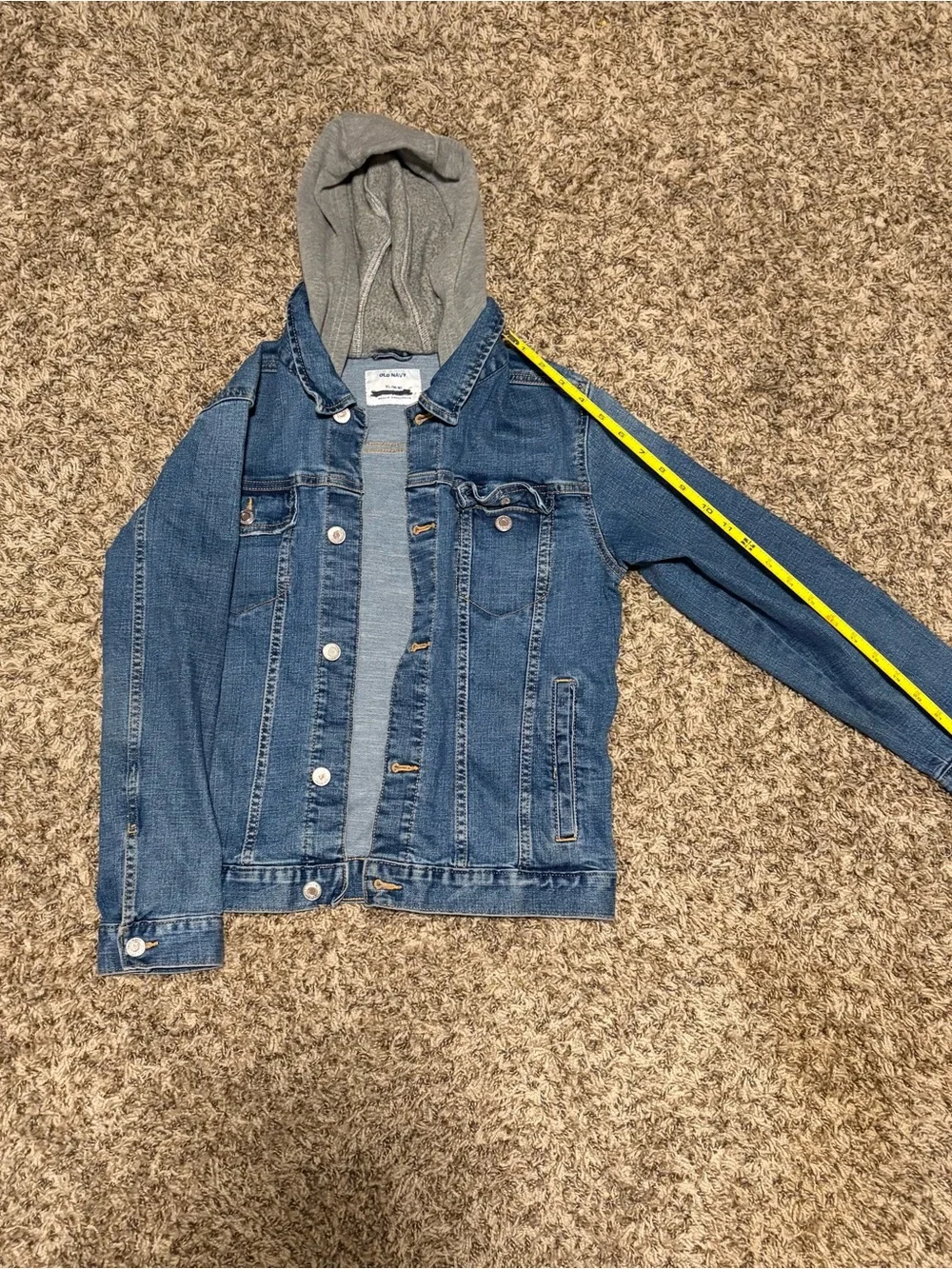 GAP Blue Denim Jacket with Gray Hooded Lining